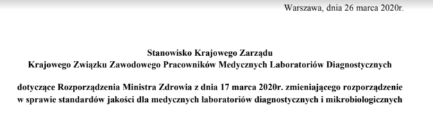 2020-03-26 Stanowisko Zarządu KZZPMLD w sprawie rozporządzenia umożliwiającego zdalną autoryzację wyników badań