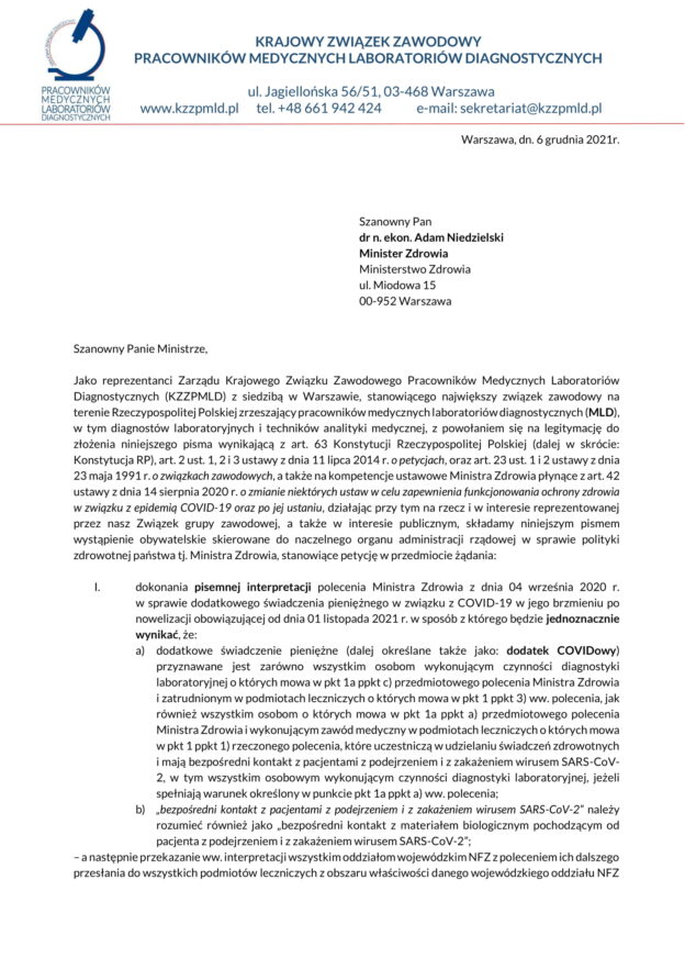 Ciąg dalszy działań KZZPMLD w sprawie dodatków COVIDowych – pisma do Ministra Zdrowia i premiera Mateusza Morawieckiego