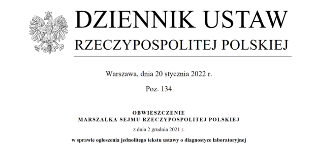 Obwieszczenie Marszałka Sejmu Rzeczypospolitej Polskiej z dnia 2 grudnia 2021 r. w sprawie ogłoszenia jednolitego tekstu ustawy o diagnostyce laboratoryjnej